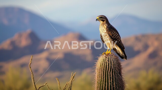  نباتات  الشوكيات والأعشاب في المناطق الصحراوية، الفخر بالتراث السعودي العريق في تربية الطيور، صورة مقربة لصقر يقف فوق غصن شجرة الصبار في المحميات الطبيعية بالصحراء، زراعة الأشجار والنباتات الطبيعية، القمم والمرتفعات الجبلية