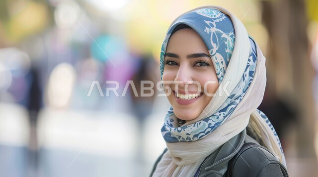 Elegance and interest in appearance, the concept of femininity and softness, a close-up of a smiling young Saudi Arabian Gulf woman wearing a hijab looking at the camera with gestures of happiness and pleasure