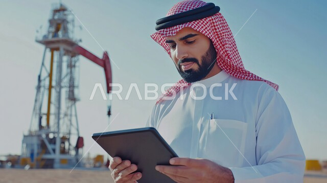 مهن ووظائف هندسية سعودية، ايماءات الجدية والثقة بالنفس، مراقبة عمل الآلات عبر الأجهزة التقنية الحديثة، متابعة سير المشاريع والإشراف عليها, مهندس عربي خليجي سعودي يرتدي الثوب مع الشماغ ويحمل بيده جهاز التابلت