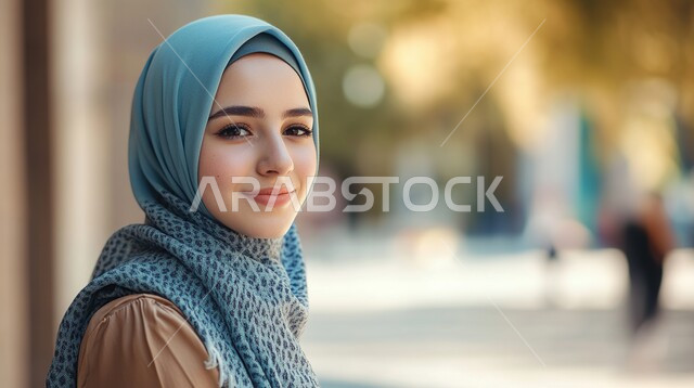 مفهوم النعومة والأنوثة, الاهتمام بالأناقة والمظهر الخارجي، تصاميم راقية لأزياء المحجبات العصرية، صورة مقربة لفتاة عربيه خليجية سعودية مبتسمة ترتدي الحجاب تنظر إلى الكاميرا بإيماءات السعادة و السرور