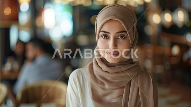 الأناقة والاهتمام بالمظهر الخارجي, مفهوم الأنوثة و النعومة, صورة مقربة لشابة عربية خليجية سعودية مبتسمة ترتدي الحجاب تنظر إلى الكاميرا بإيماءات السعادة و السرور