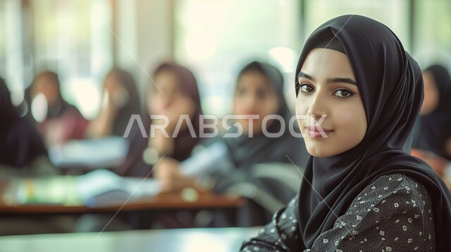 دور المدارس في رفع مستوى الوعي لدى الطلاب، صورة مقربة لطالبة ثانوي عربية خليجية سعودية محجبة مبتسمة تنظر إلى الكاميرا بإيماءات السرور، مفهوم العودة للمدرسة، المقررات والمناهج التعليمية الحديثة والمطورة بالسعودية