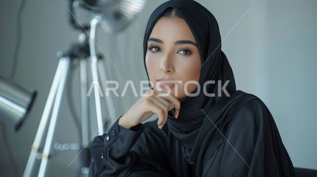 مفهوم خلف الكواليس، عارضة أزياء محجبات وموديلات عصرية حديثة، صورة مقربة لإمرأة عربية خليجية سعودية ترتدي الحجاب والعباءة تعمل في مجال الإعلانات، جلسة تصوير في الاستوديو، تجهيز المعدات المتطورة لالتقاط صور فوتوغرافية، تصوير اعلاني تسويقي