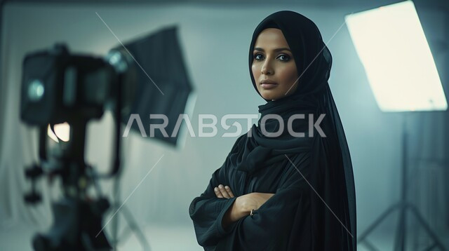 مفهوم خلف الكواليس، عارضة أزياء محجبات وموديلات عصرية حديثة، صورة مقربة لإمرأة عربية خليجية سعودية ترتدي الحجاب والعباءة تعمل في مجال الإعلانات، جلسة تصوير في الاستوديو، تجهيز المعدات المتطورة لالتقاط صور فوتوغرافية، تصوير اعلاني تسويقي