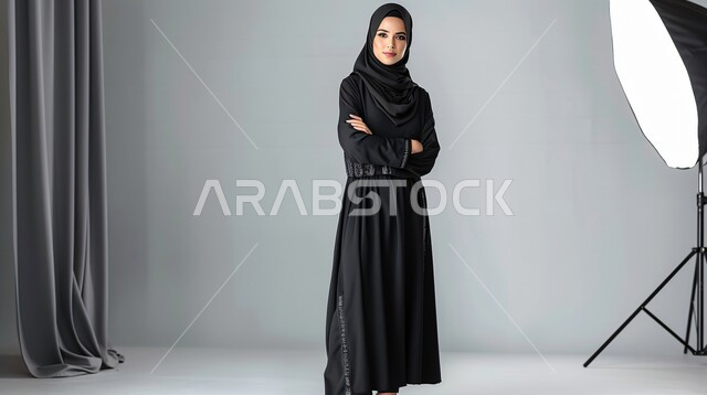  جلسة تصوير في الاستوديو، تجهيز المعدات المتطورة لالتقاط صور فوتوغرافية، تصوير اعلاني تسويقي، مفهوم خلف الكواليس، عارضة أزياء محجبات وموديلات عصرية حديثة، امرأة عربية خليجية سعودية ترتدي الحجاب والعباءة تعمل في مجال الإعلانات