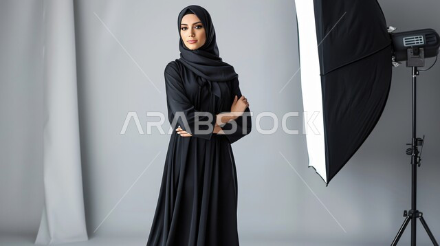  جلسة تصوير في الاستوديو، تجهيز المعدات المتطورة لالتقاط صور فوتوغرافية، تصوير اعلاني تسويقي، مفهوم خلف الكواليس، عارضة أزياء محجبات وموديلات عصرية حديثة، امرأة عربية خليجية سعودية ترتدي الحجاب والعباءة تعمل في مجال الإعلانات