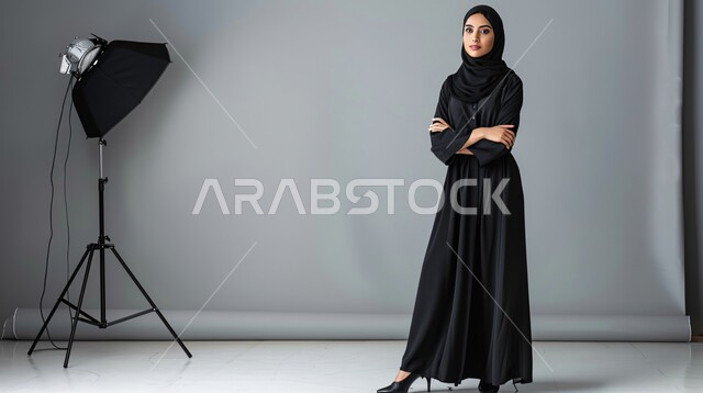  جلسة تصوير في الاستوديو، تجهيز المعدات المتطورة لالتقاط صور فوتوغرافية، تصوير اعلاني تسويقي، مفهوم خلف الكواليس، عارضة أزياء محجبات وموديلات عصرية حديثة، امرأة عربية خليجية سعودية ترتدي الحجاب والعباءة تعمل في مجال الإعلانات