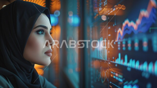 سوق البورصة العالمي، تداول العملة الرقمية، دمج التكنولوجيا المتطورة مع العمل، مراقبة الرسوم البيانيه الهولوجراميه على الشاشات الالكترونيه المضيئه، صورة مقربة من الجانب لامرأة عربية خليجية سعودية محجبة تقوم بمراقبة ارتفاع وانخفاض الأسهم