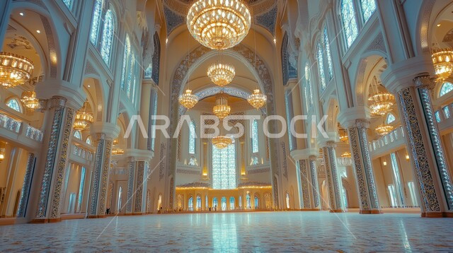 النقوش والزخارف للاعمدة والاقواس على الطراز الاسلامي، مفهوم العبادة والتقرب إلى الله تعالى, الفن الهندسي المعماري لمسجد عربي عريق، التصاميم والديكورات الداخلية الأنيقة للمساجد، الثريات المعلقة المضيئة 