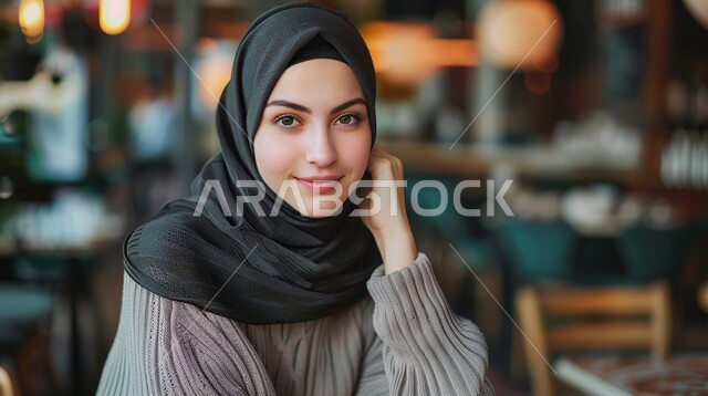 تصاميم راقية لأزياء المحجبات العصرية، مفهوم النعومة والأنوثة, الاهتمام بالأناقة والمظهر الخارجي، صورة مقربة لفتاة عربيه خليجية سعودية مبتسمة ترتدي الحجاب تضع يدها على خدها و تنظر إلى الكاميرا بإيماءات السعادة و السرور