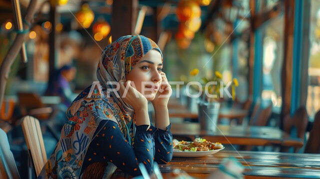 الاهتمام بالأناقة والمظهر الخارجي، تصاميم راقية لأزياء المحجبات العصرية، مفهوم النعومة والأنوثة, صورة مقربة لفتاة عربيه خليجية سعودية مبتسمة تجلس على طاولة أحد المطاعم ترتدي الحجاب تضع يديها على وجهها و تنظر إلى الكاميرا بإيماءات السعادة و السرور