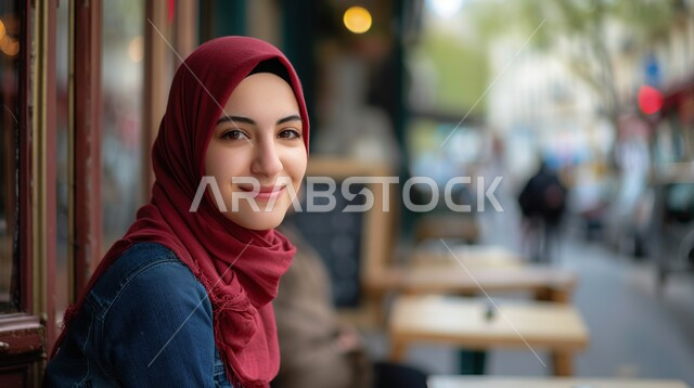 تصاميم راقية لأزياء المحجبات العصرية، مفهوم النعومة والأنوثة, الاهتمام بالأناقة والمظهر الخارجي، صورة مقربة لفتاة عربيه خليجية سعودية مبتسمة ترتدي الحجاب تنظر إلى الكاميرا بإيماءات السعادة و السرور