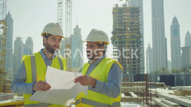 الإشراف والتدقيق على العمل، مهن ووظائف سعودية، مهندسان عربيان خليجيان سعوديان يقومان بالتعاون ومتابعة الاعمال والمخططات، ارتداء سترة وخوذة الامان والحماية، الاهتمام بالتطوير الهندسي العمراني الابراج والأبنية السكنية