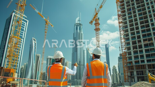 Supervising and auditing work, Saudi professions and jobs, two Saudi Gulf Arab engineers cooperating and following up on work and plans, wearing safety and protection jackets and helmets, taking care of urban engineering development, towers and residential buildings