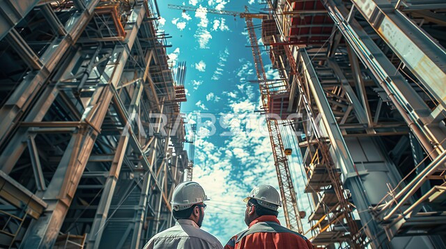 الإشراف والتدقيق على العمل، مهن ووظائف سعودية، مهندسان عربيان خليجيان سعوديان يقومان بالتعاون ومتابعة الاعمال والمخططات، ارتداء سترة وخوذة الامان والحماية، الاهتمام بالتطوير الهندسي العمراني الابراج والأبنية السكنية