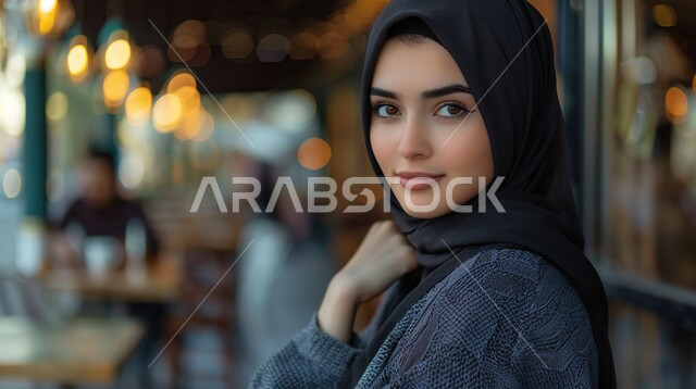 ملابس محجبات عصرية راقية، مفهوم الأنوثة والنعومة، الاهتمام بالمظهر الخارجي والأناقة، صورة مقربة لامرأة عربية خليجية سعودية محجبة تنظر إلى الكاميرا بايماءات الثقة بالنفس والسرور