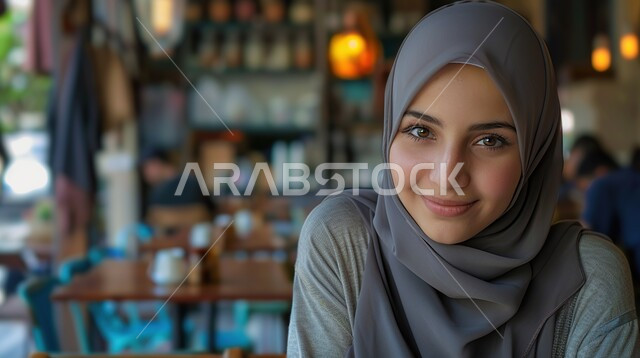 تصاميم راقية لأزياء المحجبات العصرية، مفهوم النعومة والأنوثة, الاهتمام بالأناقة والمظهر الخارجي، صورة مقربة لفتاة عربيه خليجية سعودية مبتسمة ترتدي الحجاب تنظر إلى الكاميرا بإيماءات السعادة و السرور