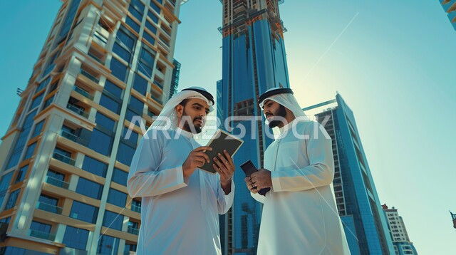الإشراف والتدقيق على العمل، مهن ووظائف سعودية، مهندسان عربيان خليجيان سعوديان يرتديان الثوب التقليدي يقومان بالتعاون ومتابعة الاعمال والمخططات، الاهتمام بالتطوير الهندسي العمراني للابراج والأبنية السكنية