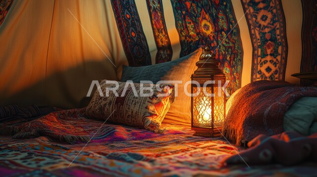 تحف واكسسوارات اسلامية للاحتفال بقدوم شهر الخير، التحضير والتجهيز للأعياد والمناسبات الدينية، خيمة شعبية بديكورات وزينة رمضانية، فانوس معدني مضيء مزخرف، الديكور الداخلي للخيمة البدوية التقليدية، المفروشات والوسائد الملونة