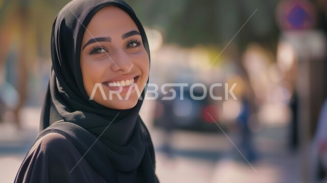 ملابس محجبات عصرية راقية، مفهوم الأنوثة والنعومة، الاهتمام بالمظهر الخارجي والأناقة، صورة مقربة لامرأة عربية خليجية سعودية محجبة ترتدي العباءة السوداء تنظر إلى الكاميرا بايماءات الثقة بالنفس والسرور