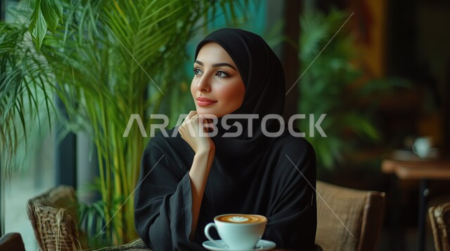 الاهتمام بالأناقة والمظهر الخارجي، تصاميم راقية لأزياء المحجبات العصرية، مفهوم النعومة والأنوثة, صورة مقربة لفتاة عربيه خليجية سعودية محجبة ترتدي العباءة السوداء تجلس على طاولة أحد المطاعم تضع يدها على وجهها و تنظر إلى شيء ما