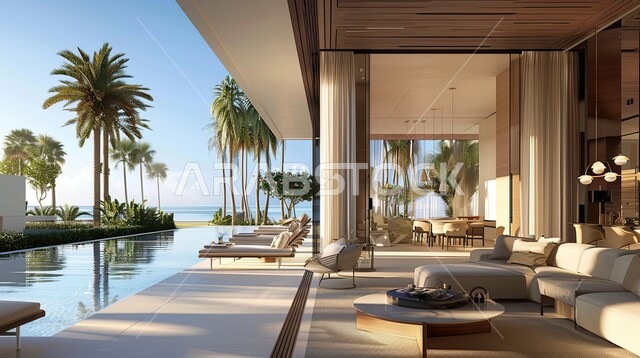 ديكور مستوحى من الشاطئ، فنادق و منتجعات فاخرة، تصاميم داخلية صيفية منعشة لغرفة جلوس، أثاث منزلي أنيق لغرفة شاليه عربي سعودي مطلة على البحر