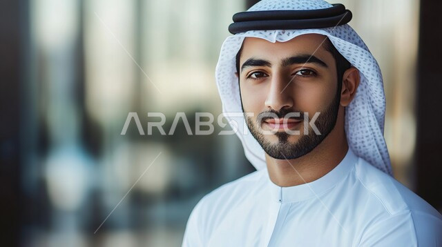 الأناقة والاهتمام بالمظهر الخارجي، مفهوم الرجولة والثقة بالنفس ، الوقوف باستقامة والنظر الى الكاميرا، صورة مقربة لرجل عربي خليجي سعودي مبتسم يرتدي الزي التقليدي والشماغ