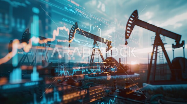 تنمية الاقتصاد السعودي, جودة أدوات و معدات استخراج البترول, بيع و تصدير الثروات الباطنية, آلات التنقيب عن النفط والغاز, شاشة الكترونية برموز و رسومات احصائية, ارتفاع أسهم البورصة في السوق المالية