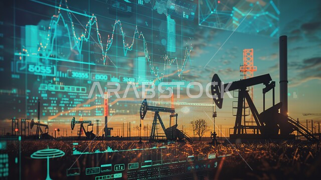 تنمية الاقتصاد السعودي, جودة أدوات و معدات استخراج البترول, بيع و تصدير الثروات الباطنية, آلات التنقيب عن النفط والغاز, شاشة الكترونية برموز و رسومات احصائية, ارتفاع أسهم البورصة في السوق المالية