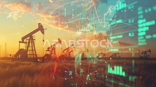 تنمية الاقتصاد السعودي, جودة أدوات و معدات استخراج البترول, بيع و تصدير الثروات الباطنية, آلات التنقيب عن النفط والغاز, شاشة الكترونية برموز و رسومات احصائية, ارتفاع أسهم البورصة في السوق المالية