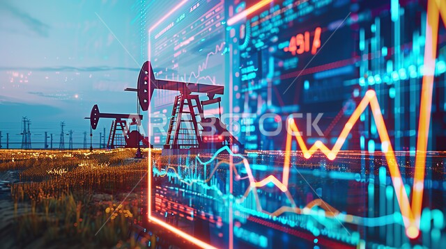 تنمية الاقتصاد السعودي, جودة أدوات و معدات استخراج البترول, بيع و تصدير الثروات الباطنية, آلات التنقيب عن النفط والغاز, شاشة الكترونية برموز و رسومات احصائية, ارتفاع أسهم البورصة في السوق المالية