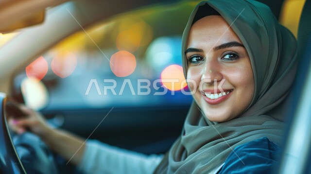 القيادة بحذر واتباع قواعد السلامة، قضاء وقت ممتع في الخارج، ايماءات السرور والسعادة، صورة مقربة لامرأة عربيه خليجية سعودية محجبه تضع نظارة شمسية تجلس في مقعد السيارة، مفهوم الاستقلال و الحرية و الاعتماد على النفس