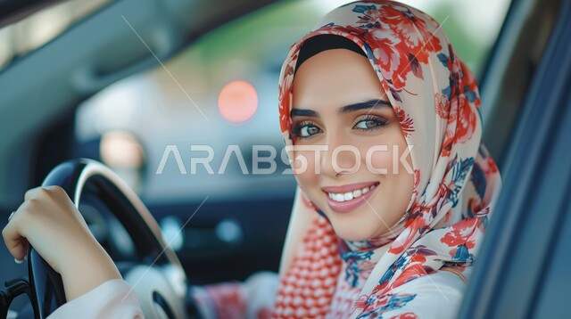 القيادة بحذر واتباع قواعد السلامة، قضاء وقت ممتع في الخارج، ايماءات السرور والسعادة، صورة مقربة لامرأة عربيه خليجية سعودية محجبه تضع نظارة شمسية تجلس في مقعد السيارة، مفهوم الاستقلال و الحرية و الاعتماد على النفس