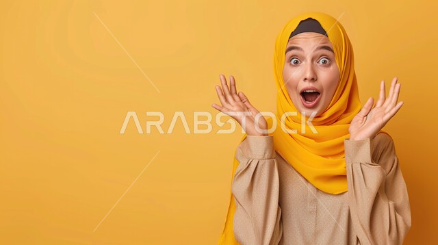 التفاجئ من حدوث شيء ما، الأناقة و الاهتمام بالمظهر الخارجي, مفهوم الأنوثة و النعومة, بورتريه مقرب لشابة عربية خليجية سعودية مبتسمة ترتدي الحجاب تنظر إلى الكاميرا بإيماءات الدهشة والاستغراب، خلفية صفراء