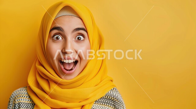 التفاجئ من حدوث شيء ما، الأناقة و الاهتمام بالمظهر الخارجي, مفهوم الأنوثة و النعومة, بورتريه مقرب لشابة عربية خليجية سعودية مبتسمة ترتدي الحجاب تنظر إلى الكاميرا بإيماءات الدهشة والاستغراب، خلفية صفراء
