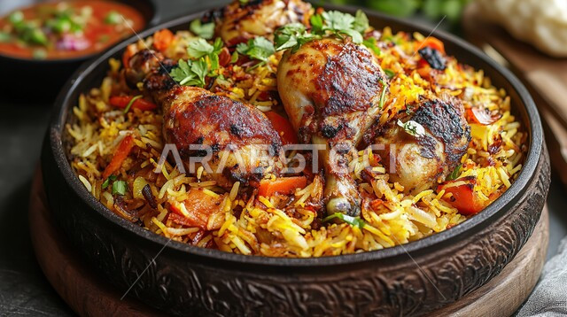 طبق من أرز البرياني مع الدجاج المحمر، المأكولات والوجبات الشرقية، أطباق المقبلات الشهية، أطباق وأكلات شعبيه تقليدية، طعام صحي ووجبات لذيذة , مطابخ ومطاعم المملكة العربية السعودية