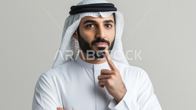 The concept of masculinity, strength and self-confidence, a close-up portrait of a Saudi Arabian Gulf man wearing a shemagh and a Saudi thobe looking at the camera with gestures of seriousness, raising his finger with his right hand, interest in elegance and external appearance, white background