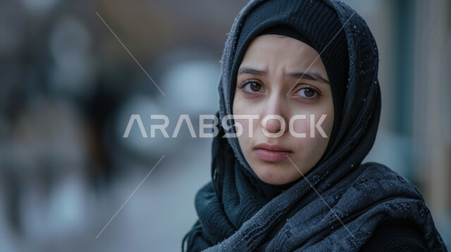 فقدان وخسارة شيء ما, الوقوف بتعابير الخيبة واليأس, سماع خبر حزين, الشعور بالهم والاكتئاب, بورتريه مقرب لشابة عربية خليجية إماراتية ترتدي العباءة السوداء تضع يديها على عينيها بحزن, سيدة سعودية تقف بإيماءات البكاء والقهر