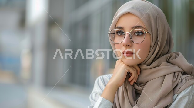Contemplation, focus and planning for the future, trying to find a solution to a problem, close-up of a veiled Saudi Arabian Gulf woman putting her hand on her chin and looking with gestures of thinking and contemplation