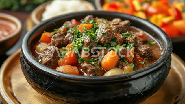 شوربة لحم البقر مع الخضار والجزر والبطاطس المزينة بالبقدونس، المأكولات والوجبات الشرقية، أطباق المقبلات الشهية، أطباق وأكلات شعبيه تقليدية، طعام صحي ووجبات لذيذة , مطابخ ومطاعم المملكة العربية السعودية