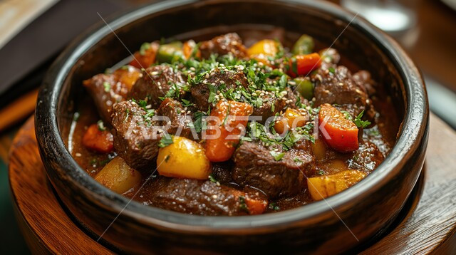 شوربة لحم البقر مع الخضار والجزر والبطاطس المزينة بالبقدونس، المأكولات والوجبات الشرقية، أطباق المقبلات الشهية، أطباق وأكلات شعبيه تقليدية، طعام صحي ووجبات لذيذة , مطابخ ومطاعم المملكة العربية السعودية