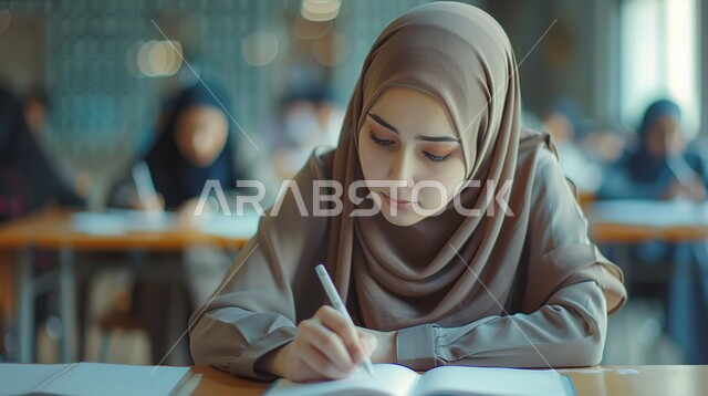 الحرص على التفوق والنجاح، المتابعة والتركيز على الدروس في الفصل الدراسي، صورة مقربة لشابة عربية خليجية سعودية محجبة تجلس على طاولة الدراسة تحمل بيدها قلم وتقوم بالكتابة، مفهوم التعليم في المملكة العربية السعودية