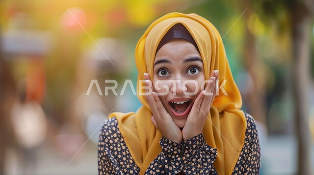 ايماءات تدل على الذهول لسماع خبر مفاجئ، الصدمة والتعجب من حصول أمر ما، صورة مقربة لامرأة عربية خليجية سعودية محجبة تنظر إلى الكاميرا بتعابير الدهشة والخوف