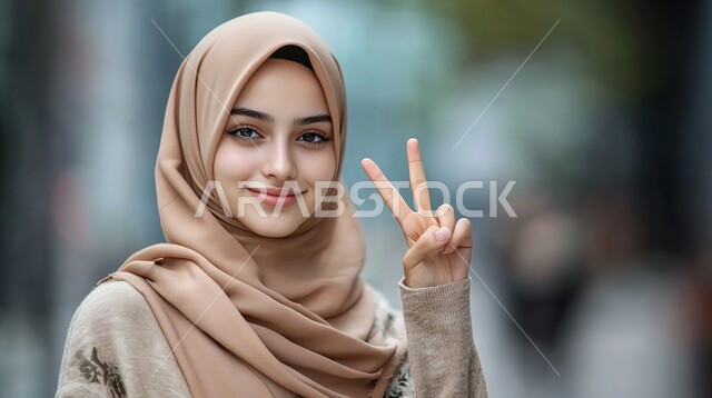 انجاز المهام وتحقيق الاهداف، صورة مقربة لإمرأة عربية خليجية سعودية محجبة تشير باشارة النصر بيدها، فرحة الفوز والانتصار، ايماءات وجه ويدين تدل على القوة والنصر، الاهتمام بالأناقة والمظهر الخارجي