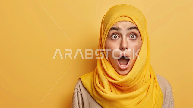 ايماءات تدل على الذهول لسماع خبر مفاجئ، الصدمة والتعجب من حصول أمر ما، بورتريه مقرب لامرأة عربية خليجية سعودية محجبة تنظر إلى الكاميرا بتعابير الدهشة والخوف، خلفية صفراء
