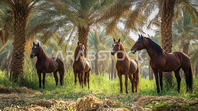 مجموعة من الاحصنة البنية تسير في البراري، ترويض وتدريب الأحصنة العربية الاصيلة، حب وشغف الفروسية، محمية طبيعية لتربية الخيول في المملكة العربية السعودية