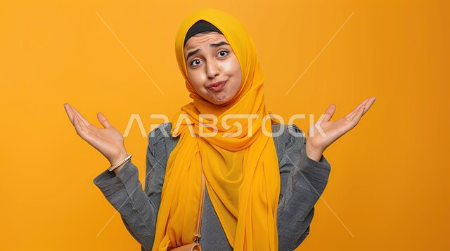 ايماءات الذهول الصدمة، التعجب من حصول أمر ما، بورتريه مقرب لامرأة عربية خليجية سعودية محجبة تنظر إلى الكاميرا بتعابير الدهشة والخوف، خلفية صفراء