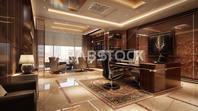 Modern designs for corporate offices in Saudi Arabia, luxurious modern decorations, office with high-end modern style decoration, elegant interior design, elegant office equipment with comfortable office furniture