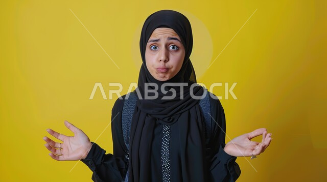 ايماءات الذهول الصدمة، التعجب من حصول أمر ما، بورتريه مقرب لامرأة عربية خليجية سعودية محجبة تنظر إلى الكاميرا بتعابير الدهشة والخوف، خلفية صفراء