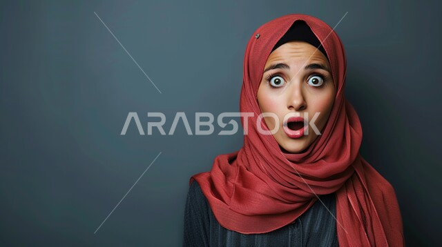 Gestures indicating astonishment at hearing sudden news, shock and wonder at something happening, close-up portrait of a veiled Saudi Arabian Gulf woman looking at the camera with expressions of surprise and fear, gray background